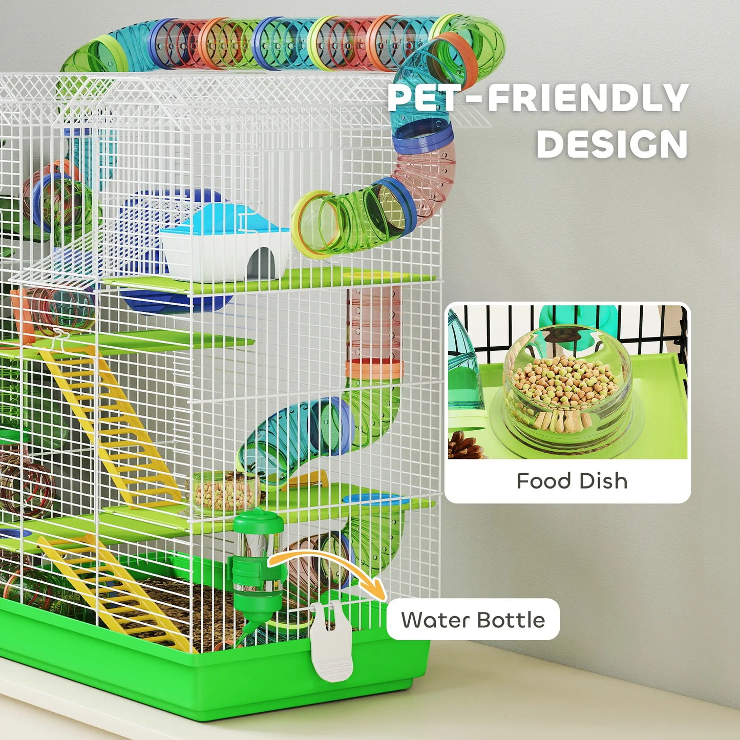 PawHut Hamster Cage, 5 Tier Carrier Habitat with Exercise Wheels Tunnel Tube, Gerbil Cage for Dwarf Mice, Green
