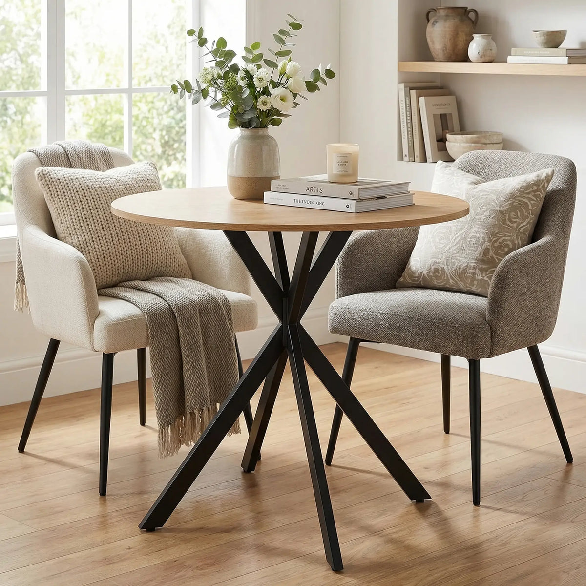 HOMCOM 80cm Industrial Round Kitchen Dining Table - White Oak