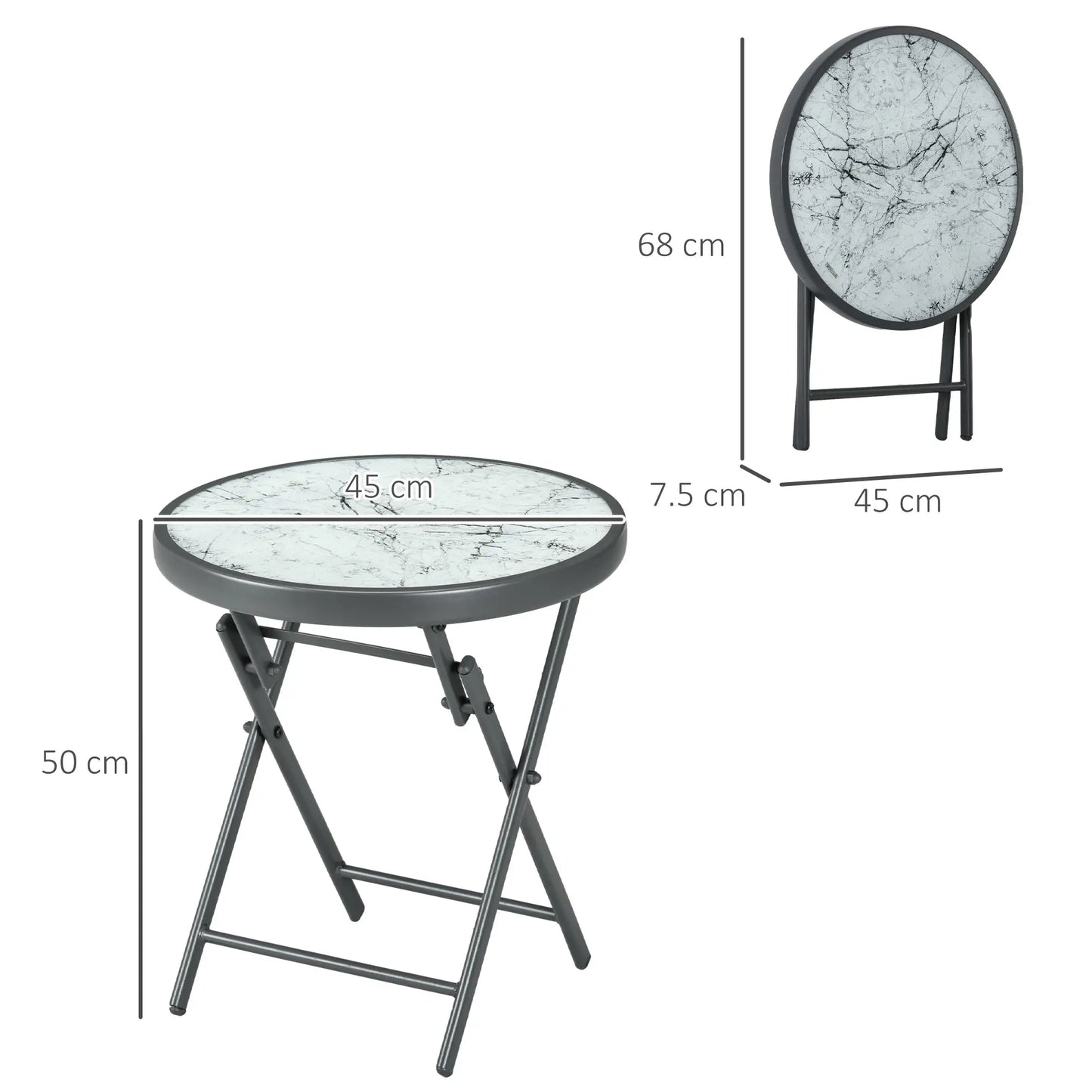 Outsunny Garden Small Coffee Side Table, Outdoor Round Folding Patio Table with Marble Glass Top, White