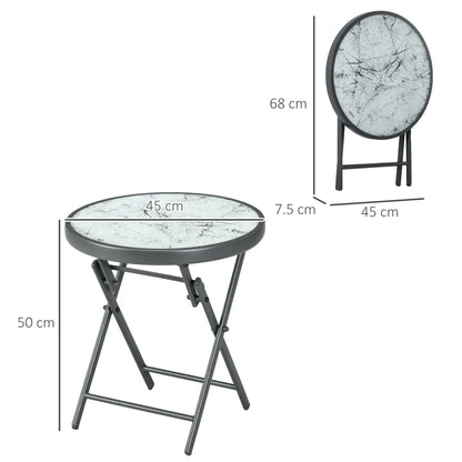 Outsunny Garden Small Coffee Side Table, Outdoor Round Folding Patio Table with Marble Glass Top, White