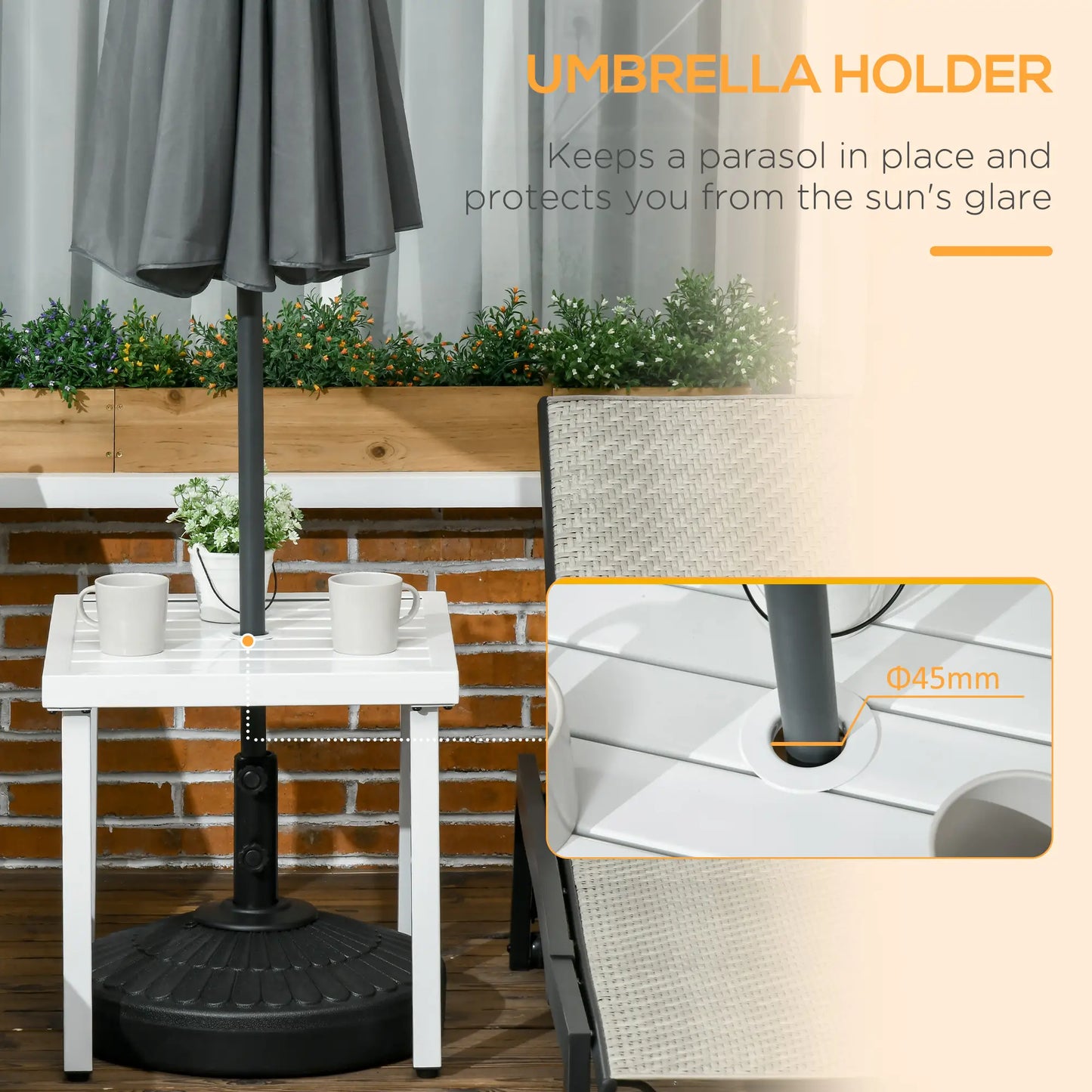 Outsunny Garden Side Table End Table Patio Coffee Table with Umbrella Hole, Steel Frame, White