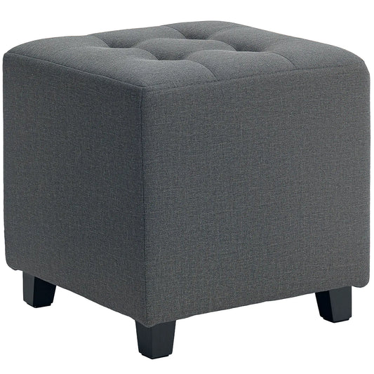 HOMCOM Square Footstool, Small Ottoman with Side Pocket, Linen Fabric Footrest Foot Stool with Rubber Wood Legs for Living Room, Bedroom