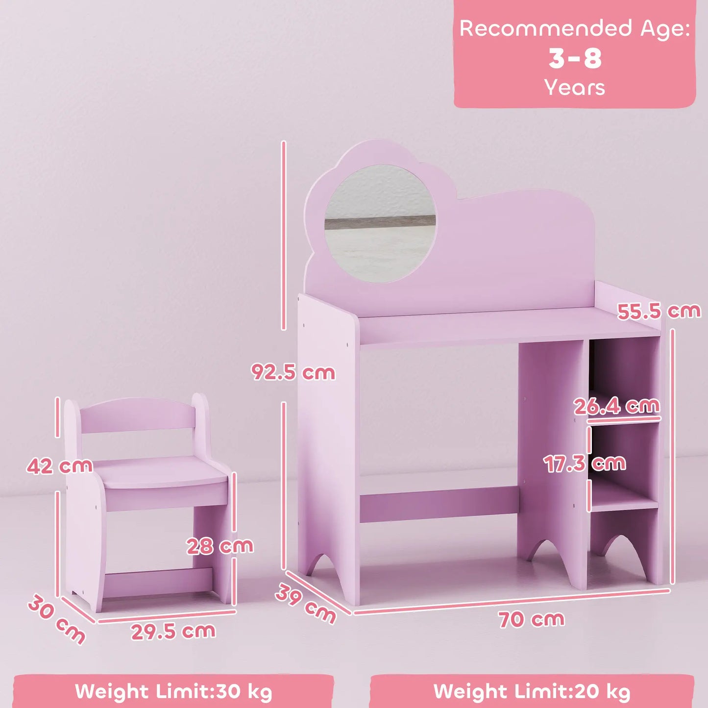 AIYAPLAY Kids Dressing Table with Mirror, Stool, Kids Vanity Table with Shelves for Ages 3-8 Years, Pink