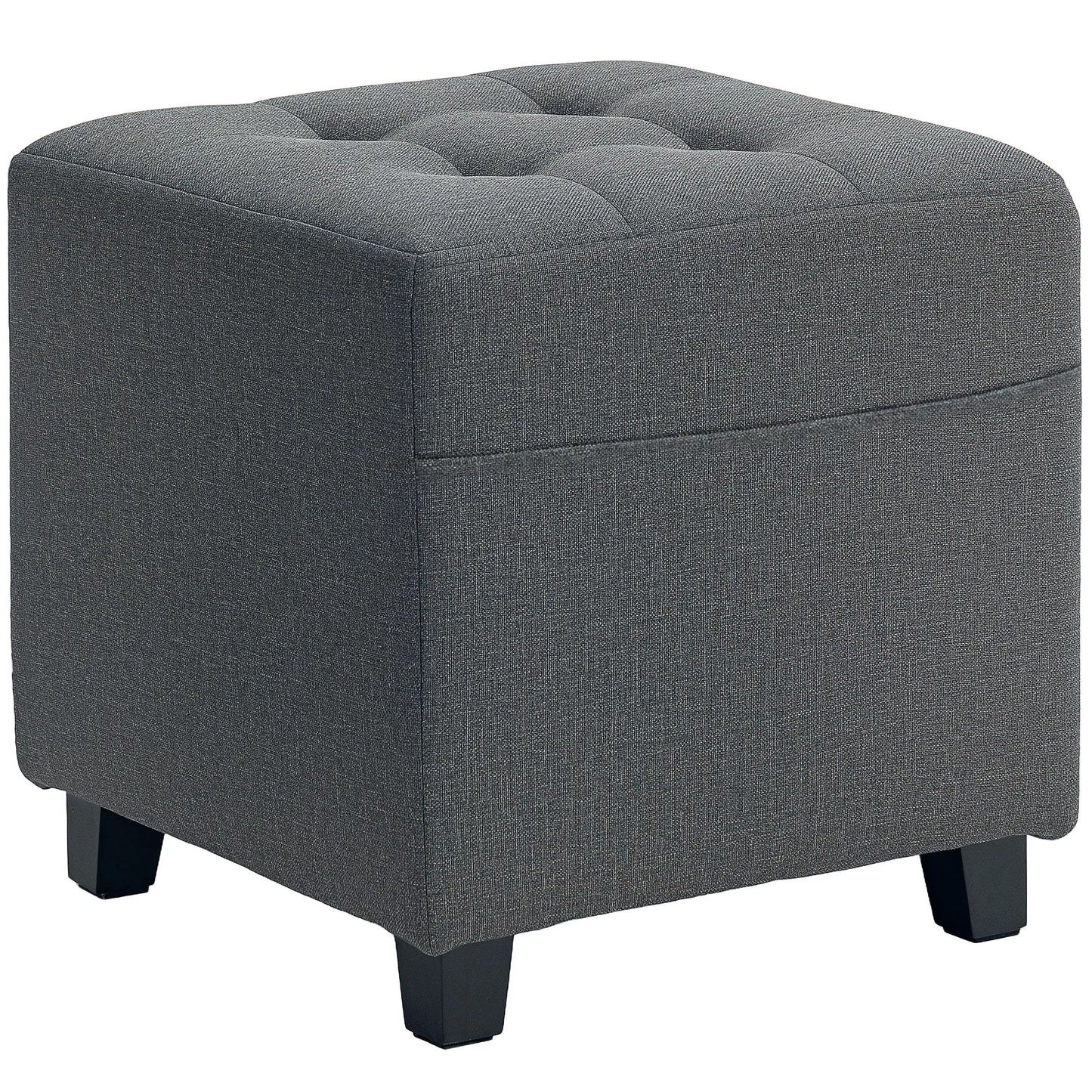HOMCOM Square Footstool, Small Ottoman with Side Pocket, Linen Fabric Footrest Foot Stool with Rubber Wood Legs for Living Room, Bedroom