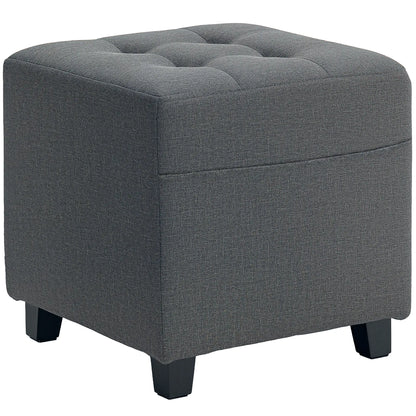 HOMCOM Square Footstool, Small Ottoman with Side Pocket, Linen Fabric Footrest Foot Stool with Rubber Wood Legs for Living Room, Bedroom
