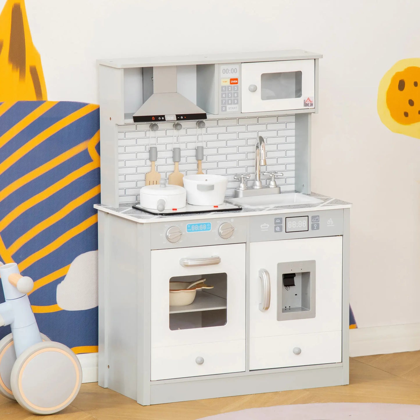 Kids Wooden Toy Kitchen Pretend Play Cooking Playset w/ Sound & Light Effect, Battery Operated Cooktop, Marble Pattern Countertop