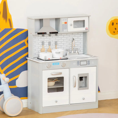 Kids Wooden Toy Kitchen Pretend Play Cooking Playset w/ Sound & Light Effect, Battery Operated Cooktop, Marble Pattern Countertop
