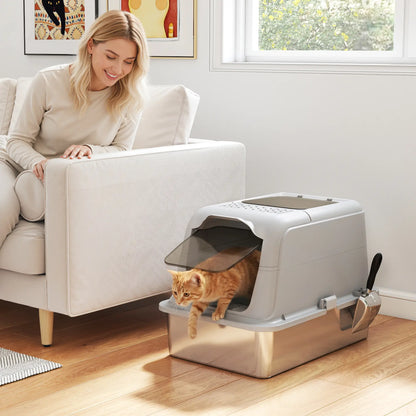PawHut Extra Large Stainless Steel Litter Box, Enclosed Cat Litter Tray with Scoop, Deodorizer Bag, Front-Entry & Top-Exit