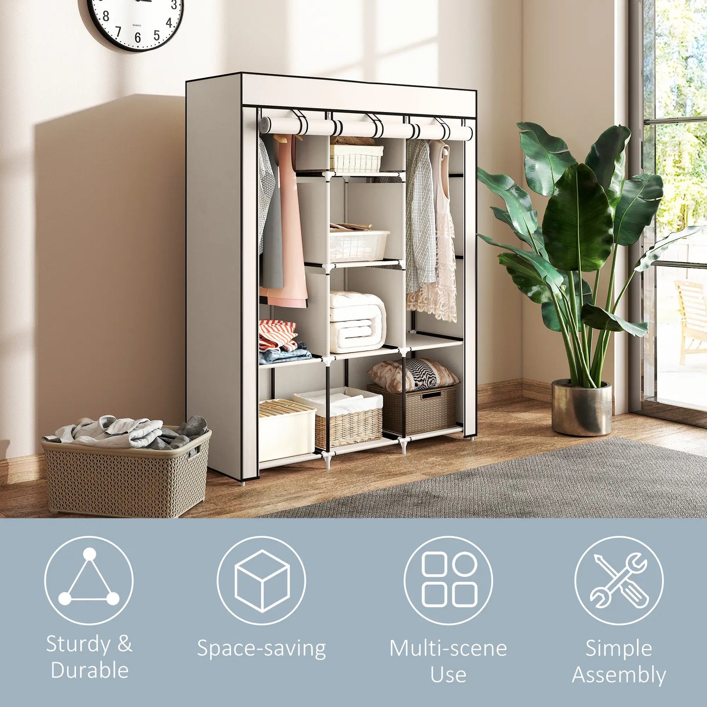 HOMCOM Fabric Cloth Wardrobe Clothes Organizer with Rails and Shelves - Cream White
