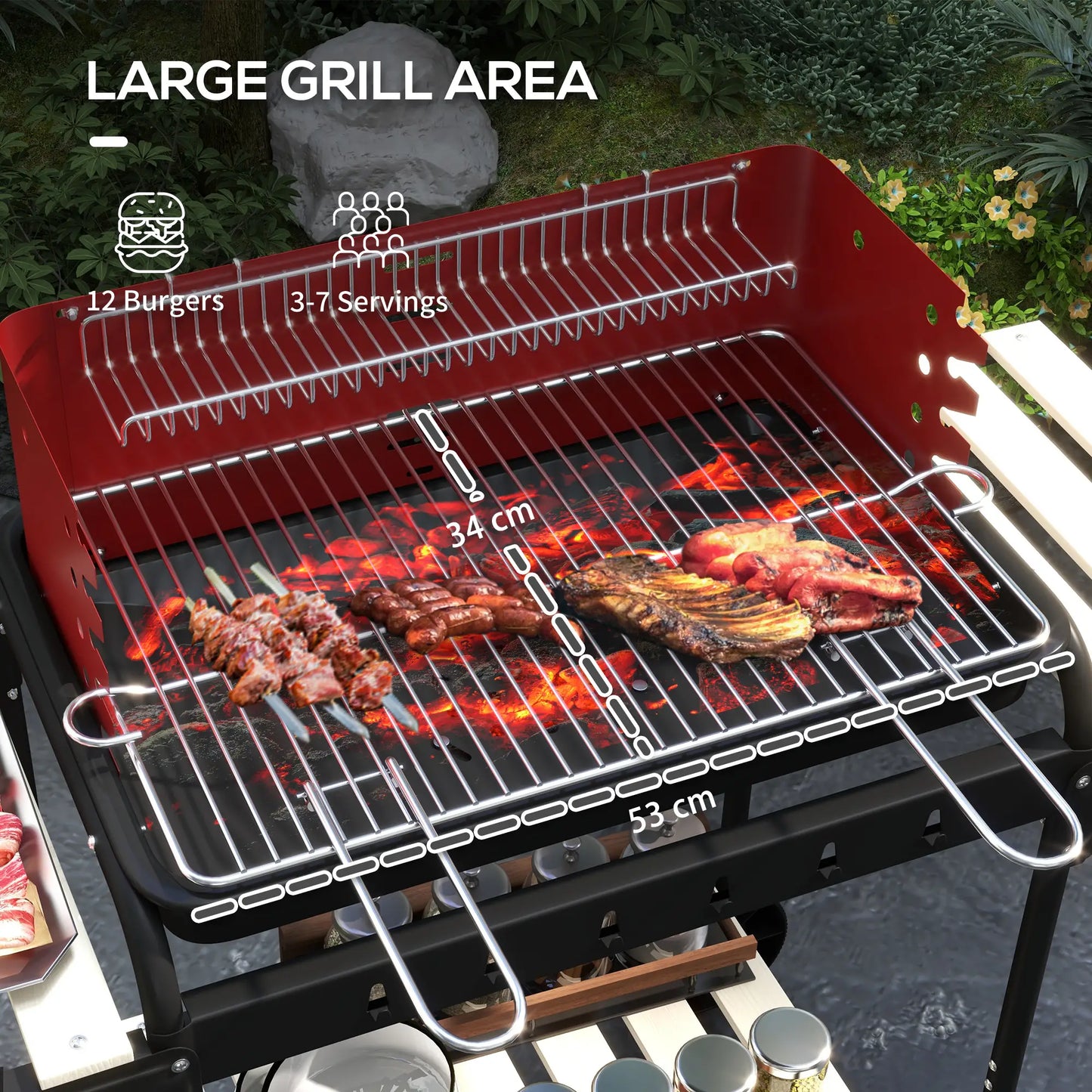 Outsunny Charcoal BBQ, with Five Position Barbecue Grill Grate - Red
