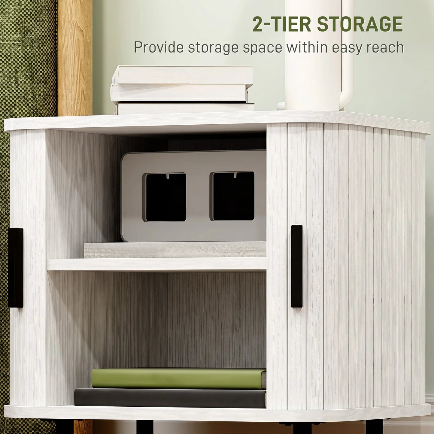 HOMCOM Nightstand Bedside Table with Sliding Doors and Metal Legs, White Wood Effect