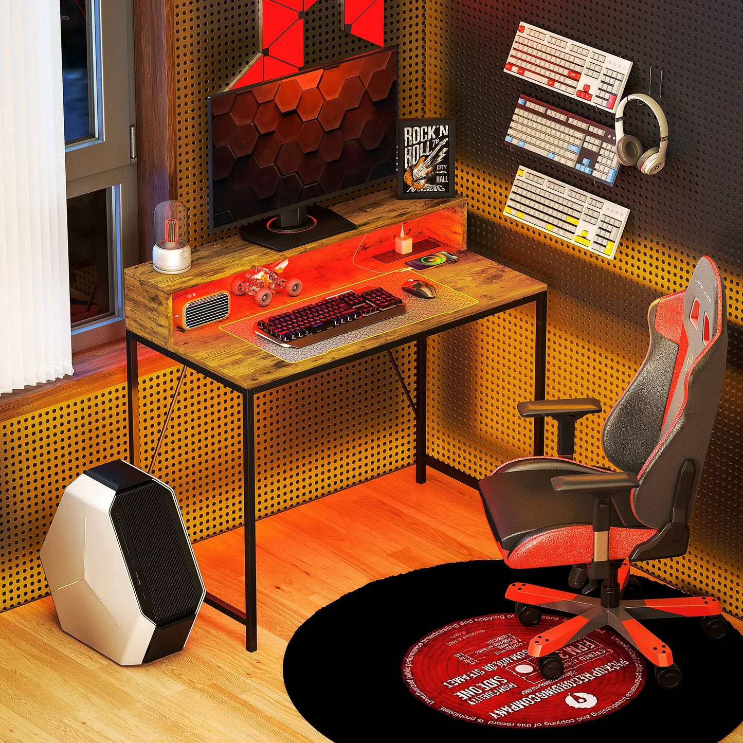 HOMCOM Computer Desk Table with LED Lights and Power Outlets, Gaming Desk with Monitor Stand & Remote for Home Office, Rustic Brown