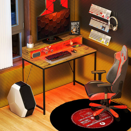 HOMCOM Computer Desk Table with LED Lights and Power Outlets, Gaming Desk with Monitor Stand & Remote for Home Office, Rustic Brown