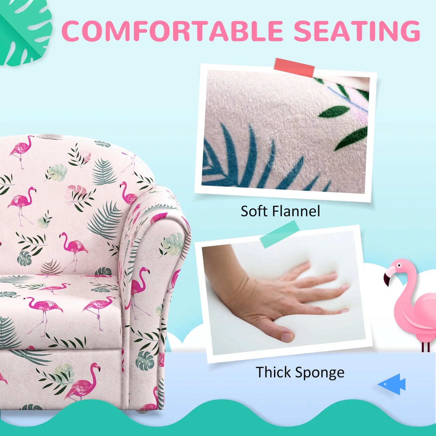 AIYAPLAY Kids Armchair with Flamingo Design, Wooden Frame for Bedroom, Playroom - Pink