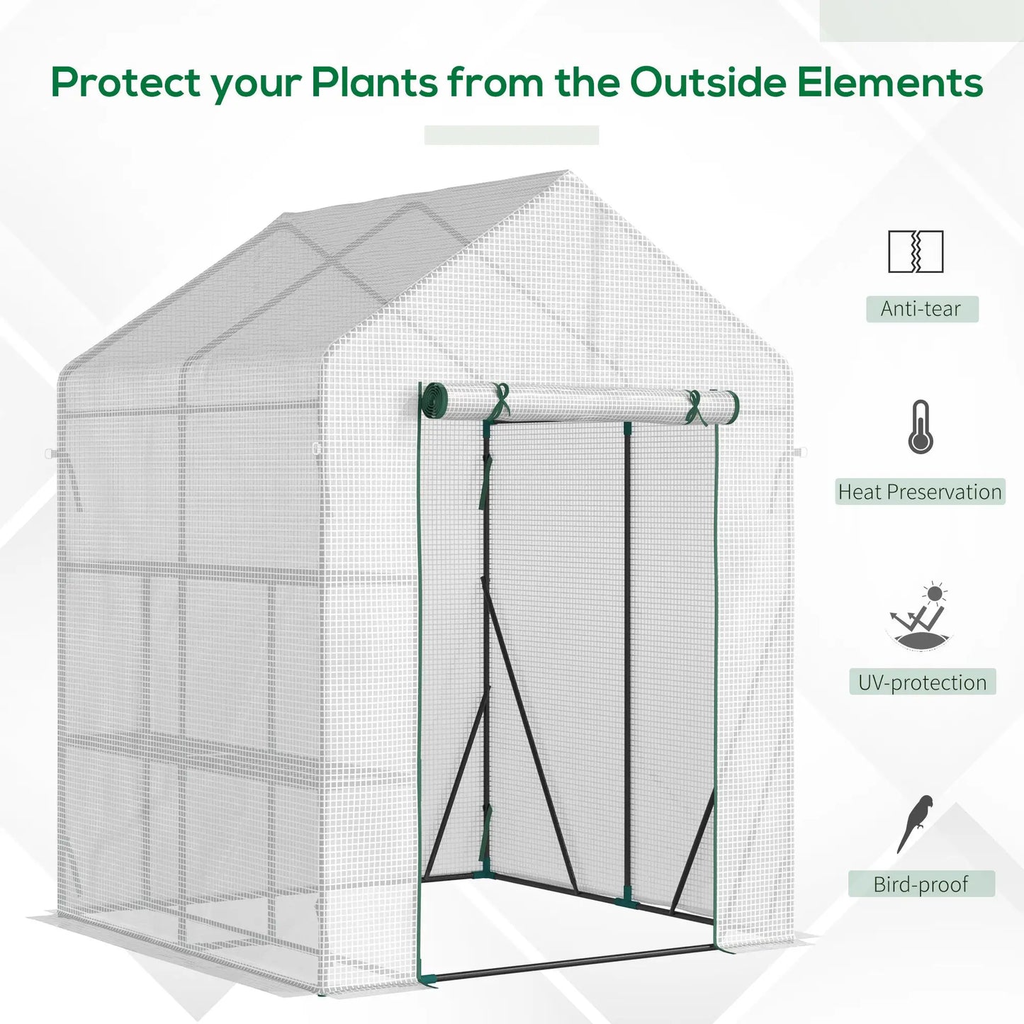 Outsunny Walk In Greenhouse Portable Gardening Plant Grow House Reinforced PE Cover with 2 Tier Shelf & Roll Up Zip Panel Door