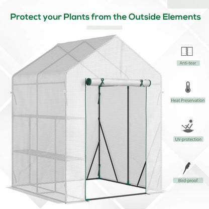 Outsunny Walk In Greenhouse Portable Gardening Plant Grow House Reinforced PE Cover with 2 Tier Shelf & Roll Up Zip Panel Door