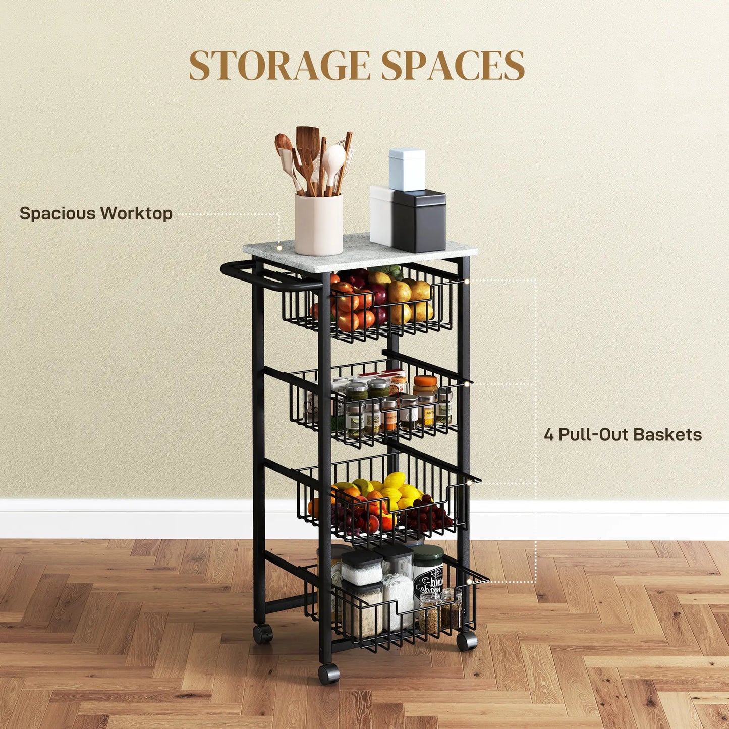 HOMCOM Movable Storage Trolley, Four Basket Mobile Kitchen Dining Island, with Brakes - Grey/Black