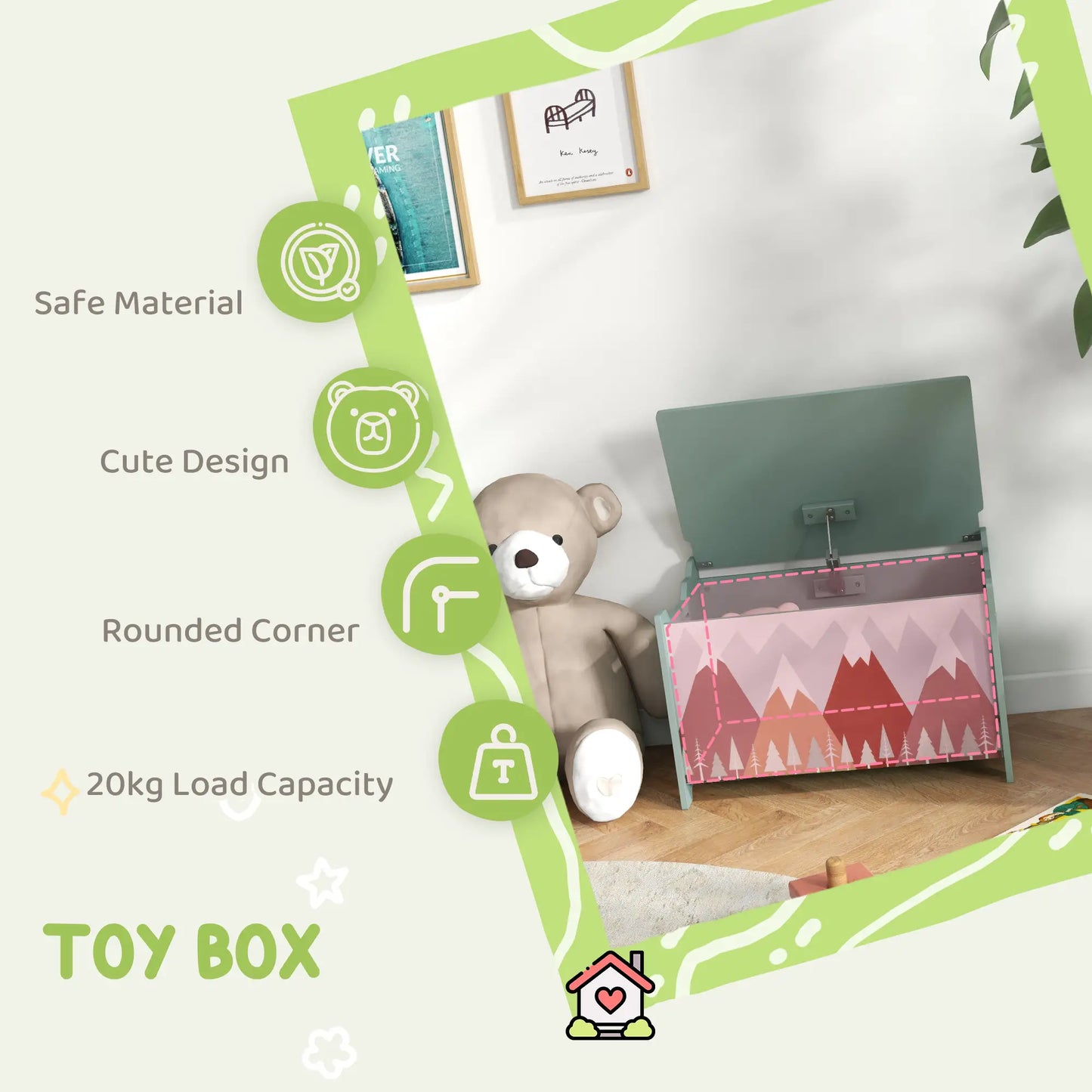 ZONEKIZ Toy Box, Kids Storage Chest with Lid and Safety Hinge - Green