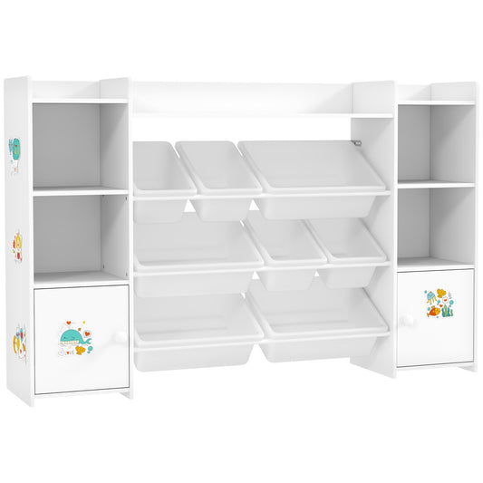 AIYAPLAY Kids Toy Organizers with 8 Removable Storage Bins and Bookshelf, White