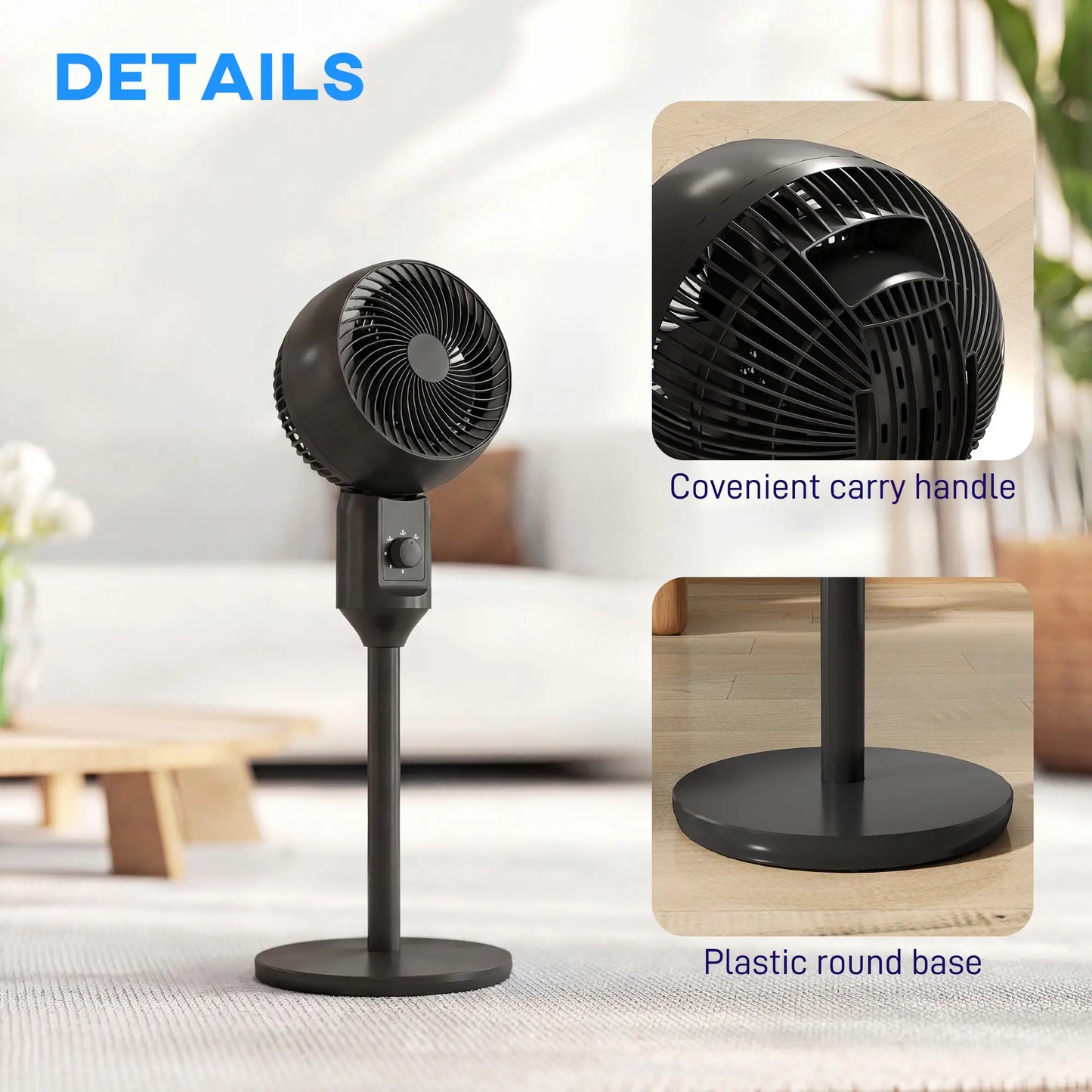 HOMCOM Air Circulator Fan Pedestal Cooling Fan with 3 Speed & Carry Handle, Black