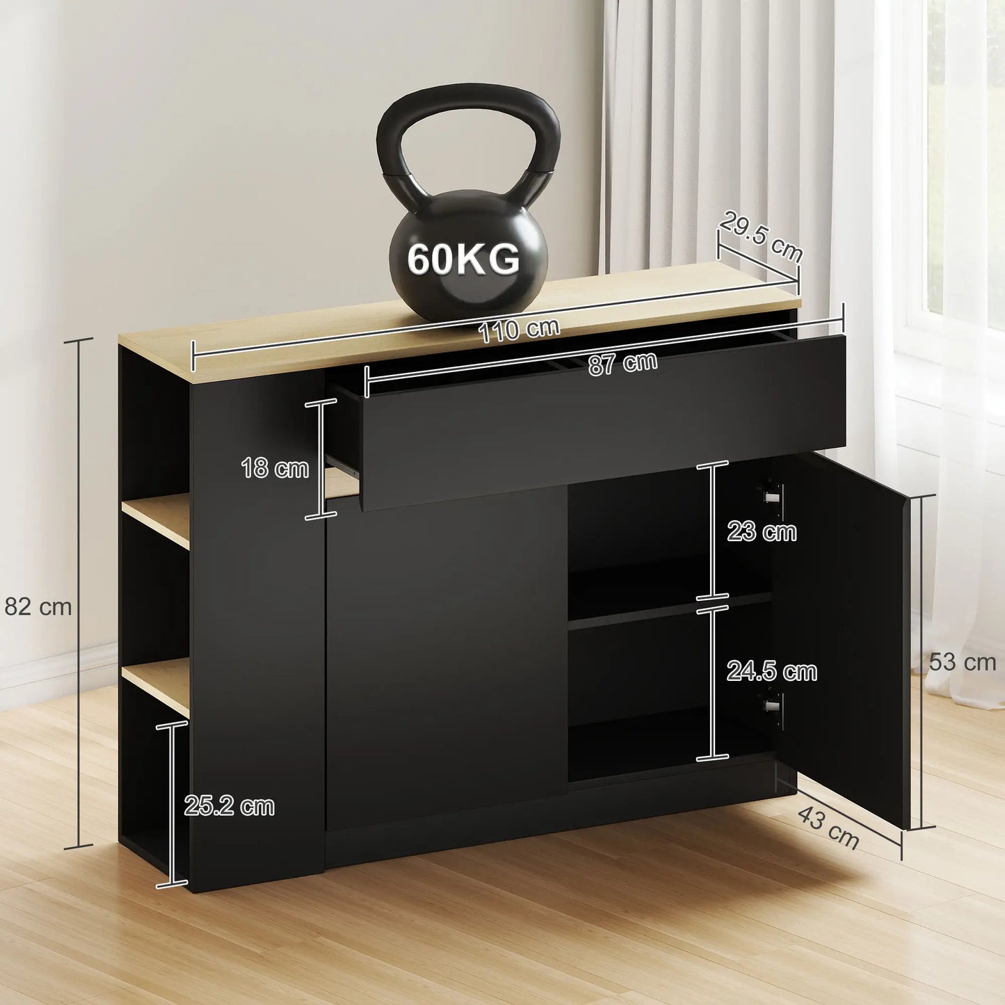 HOMCOM Sideboard, Storage Cabinet with Adjustable Shelf, 2 Drawers, 3 Open Shelves, Black