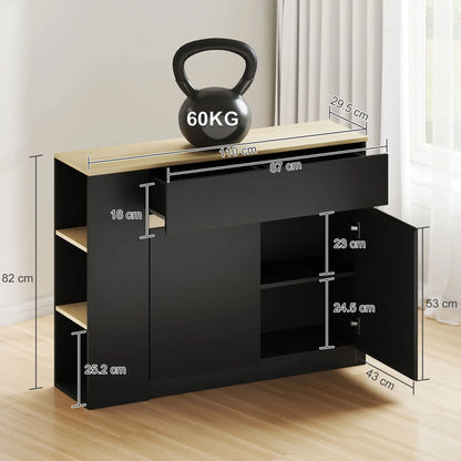 HOMCOM Sideboard, Storage Cabinet with Adjustable Shelf, 2 Drawers, 3 Open Shelves, Black