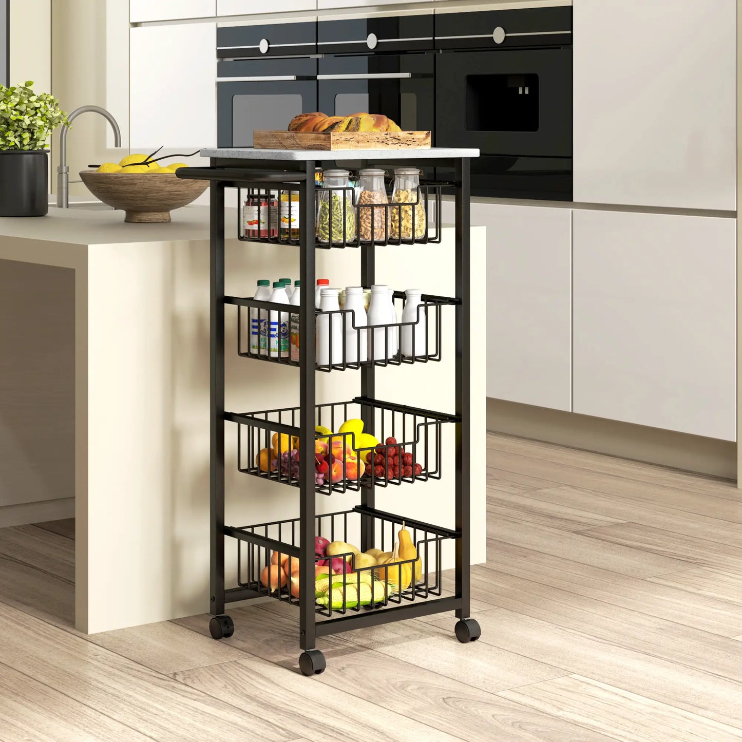 HOMCOM Movable Storage Trolley, Four Basket Mobile Kitchen Dining Island, with Brakes - Grey/Black