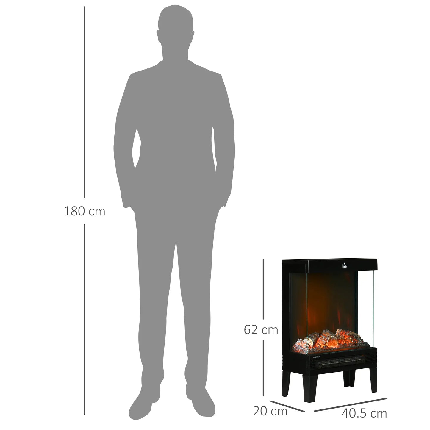 HOMCOM 180° Charming Electric Fireplace Heater, Quiet Freestanding Stove with LED Flame Effect, Overheating Protection, Black