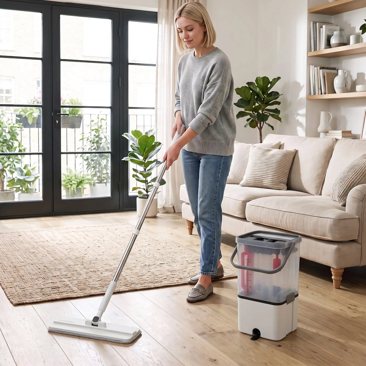 HOMCOM Compact Flat Mop and Bucket Set 2-Chamber Design with Wringer, White