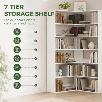 HOMCOM 7 Tiers Bookshelf, L-Shaped Corner Bookcase with Anti-Slip Rear Guard, White Wood Effect