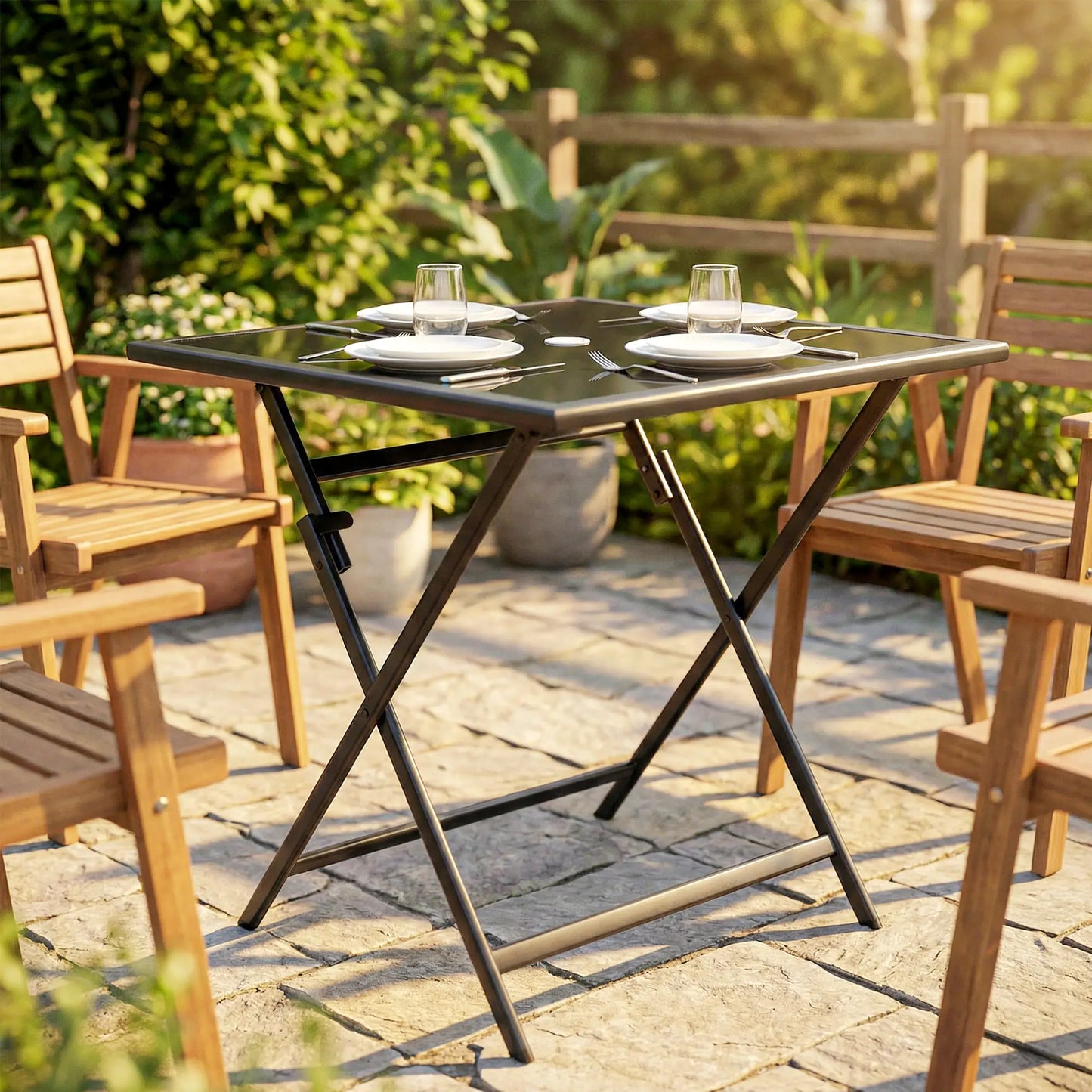 Outsunny Folding Outdoor Dining Table, Square Garden Patio Table Tempered Glass Top with Parasol Hole, Black