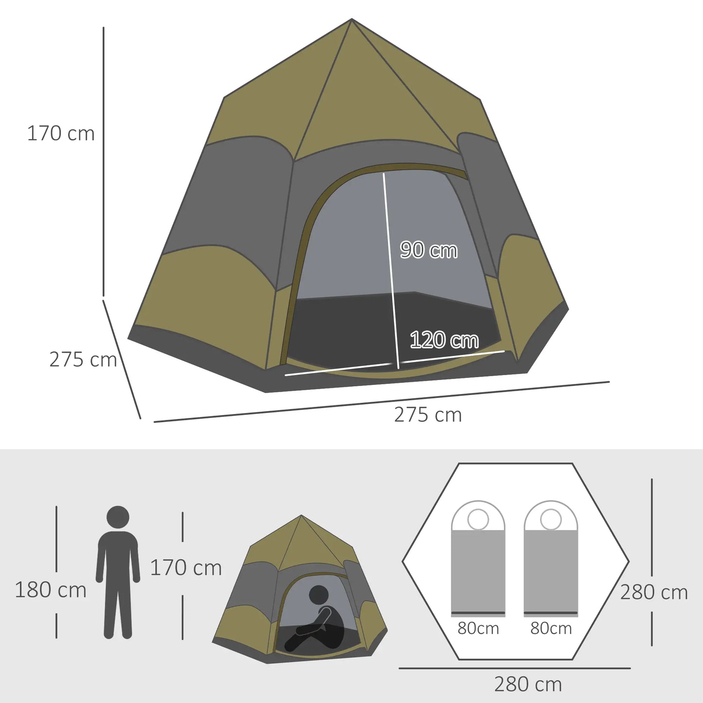 Outsunny Six Man Hexagon Camping Tent with Hang Hook & Carry Bag - Dark Green, Light Grey