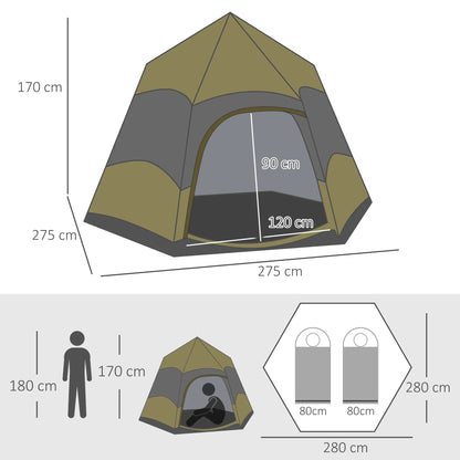 Outsunny Six Man Hexagon Camping Tent with Hang Hook & Carry Bag - Dark Green, Light Grey