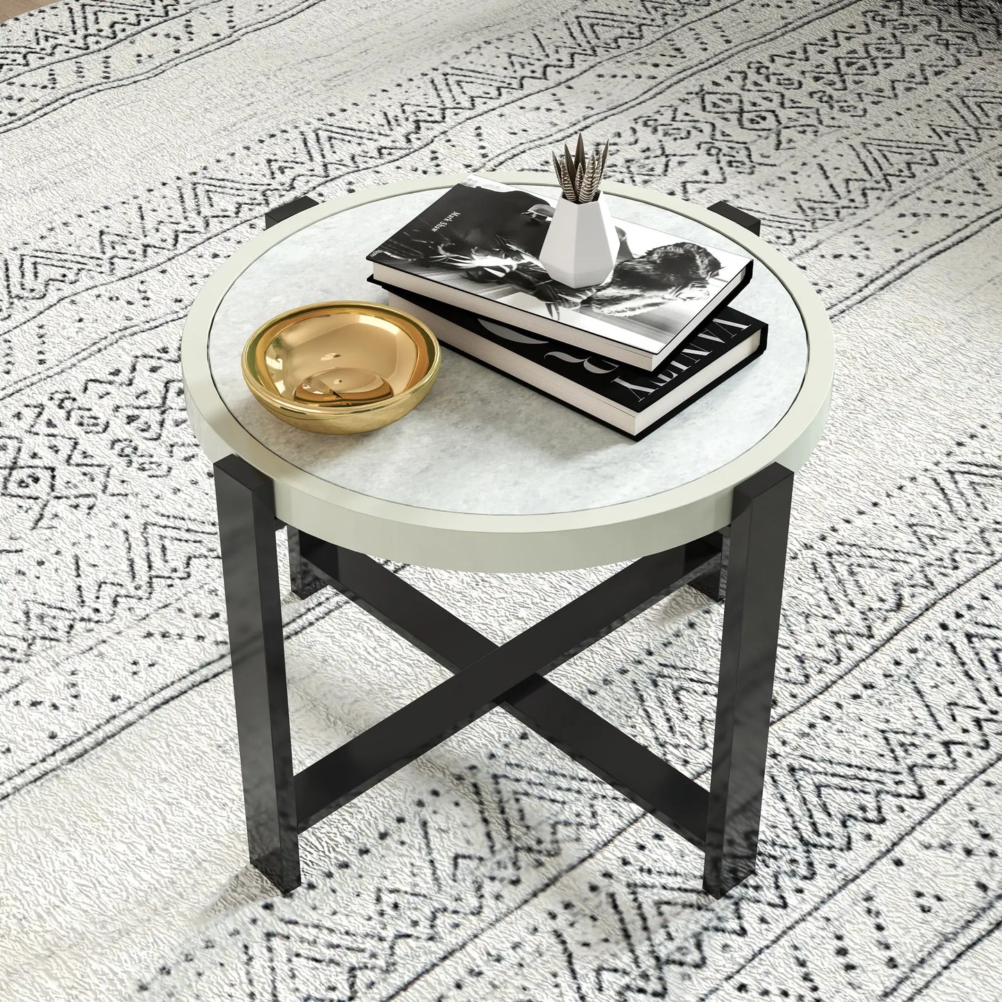 Outsunny Round Small Garden Outdoor Side Table with Faux Marble Tempered Glass Top, Aluminium Frame, Light Grey