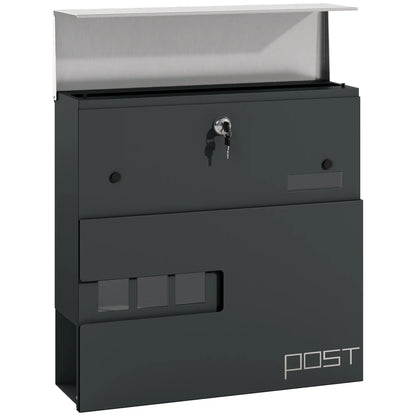 HOMCOM Locking Galvanised Steel Letterbox w/ Viewing Window Post Box, Mailbox - Charcoal Grey/Black
