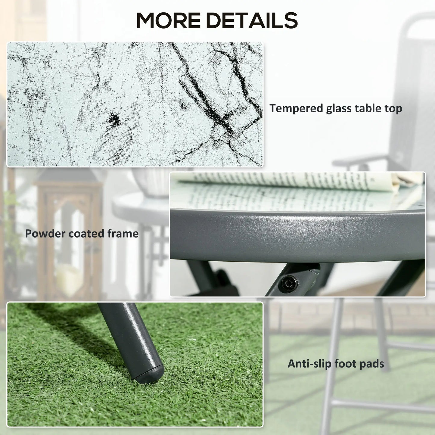 Outsunny Garden Small Coffee Side Table, Outdoor Round Folding Patio Table with Marble Glass Top, White