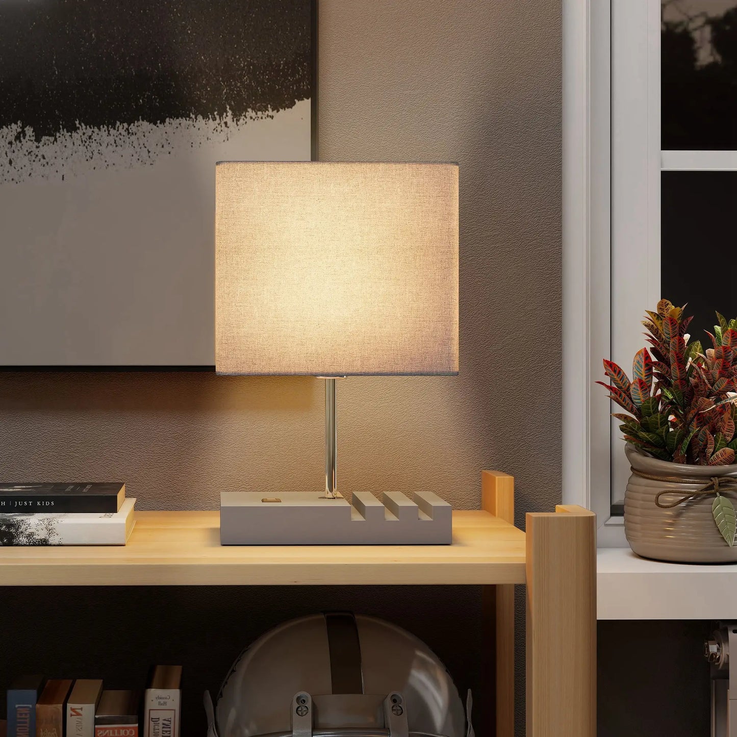 HOMCOM Bedside Lamp with USB A+C Charging Ports & 3 Phone Stands, Table Lamp with Wood Base, Grey