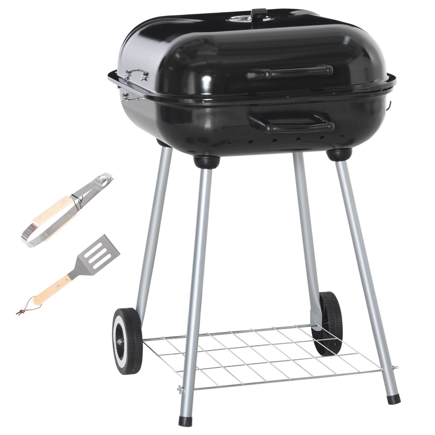 Outsunny Portable BBQ Charcoal Grill with Cooking Utensils, Smoker Grill with Lid for Outdoor Barbecues, Camping, Picnic