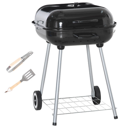 Outsunny Portable BBQ Charcoal Grill with Cooking Utensils, Smoker Grill with Lid for Outdoor Barbecues, Camping, Picnic