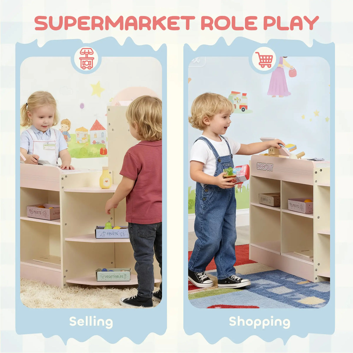 AIYAPLAY Kids Grocery Store, Children Supermarket Playset with Cash Register, Display Shelves