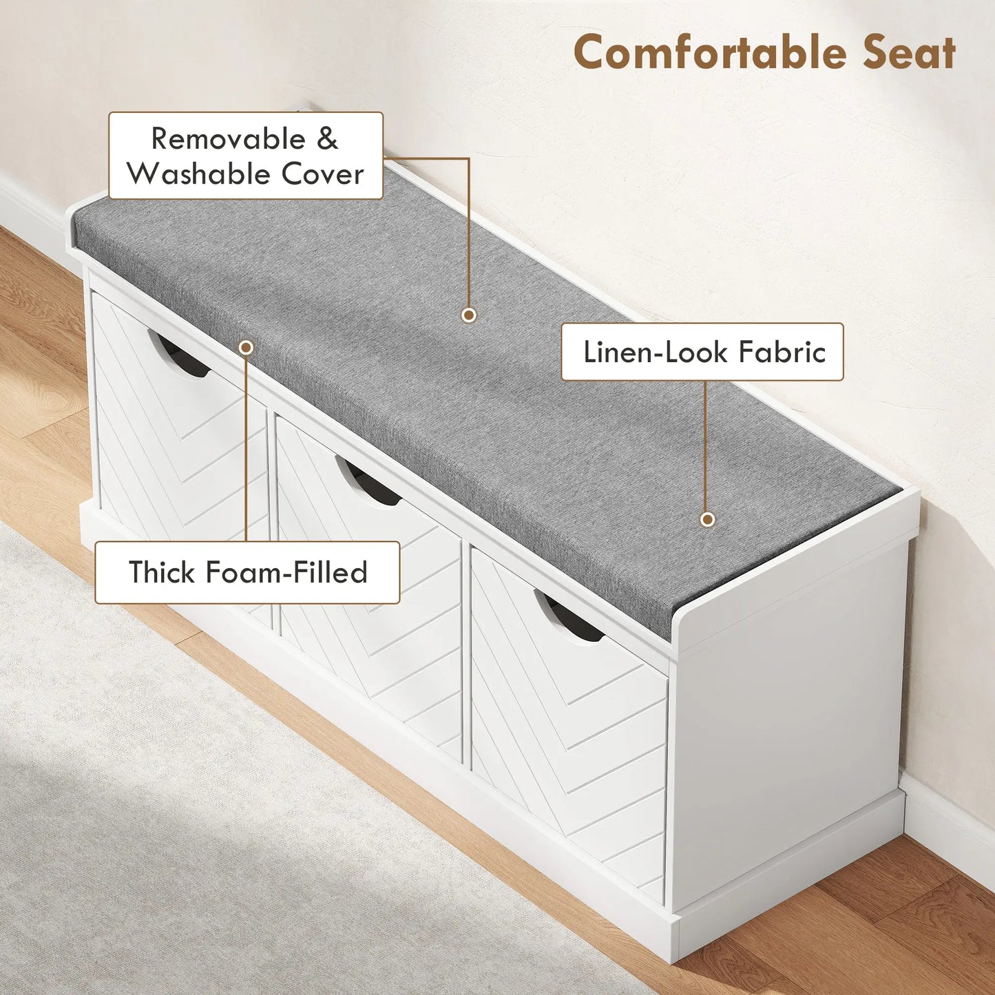 HOMCOM 3-Drawer Padded Shoe Storage Bench with Breathable & Washable Linen-Look Cover, White