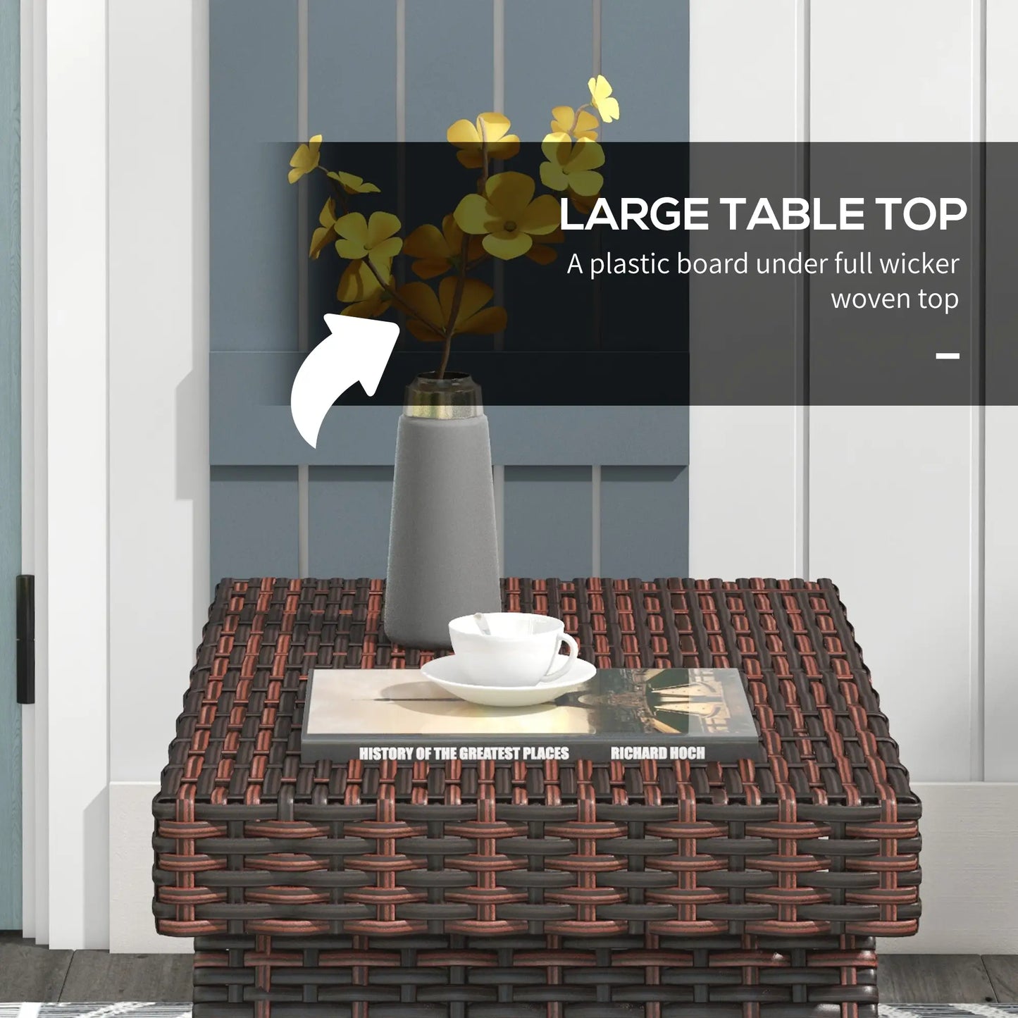 Outsunny Foldable Outdoor Side Table, Rattan Bistro Garden Coffee Table with Steel Frame, Brown