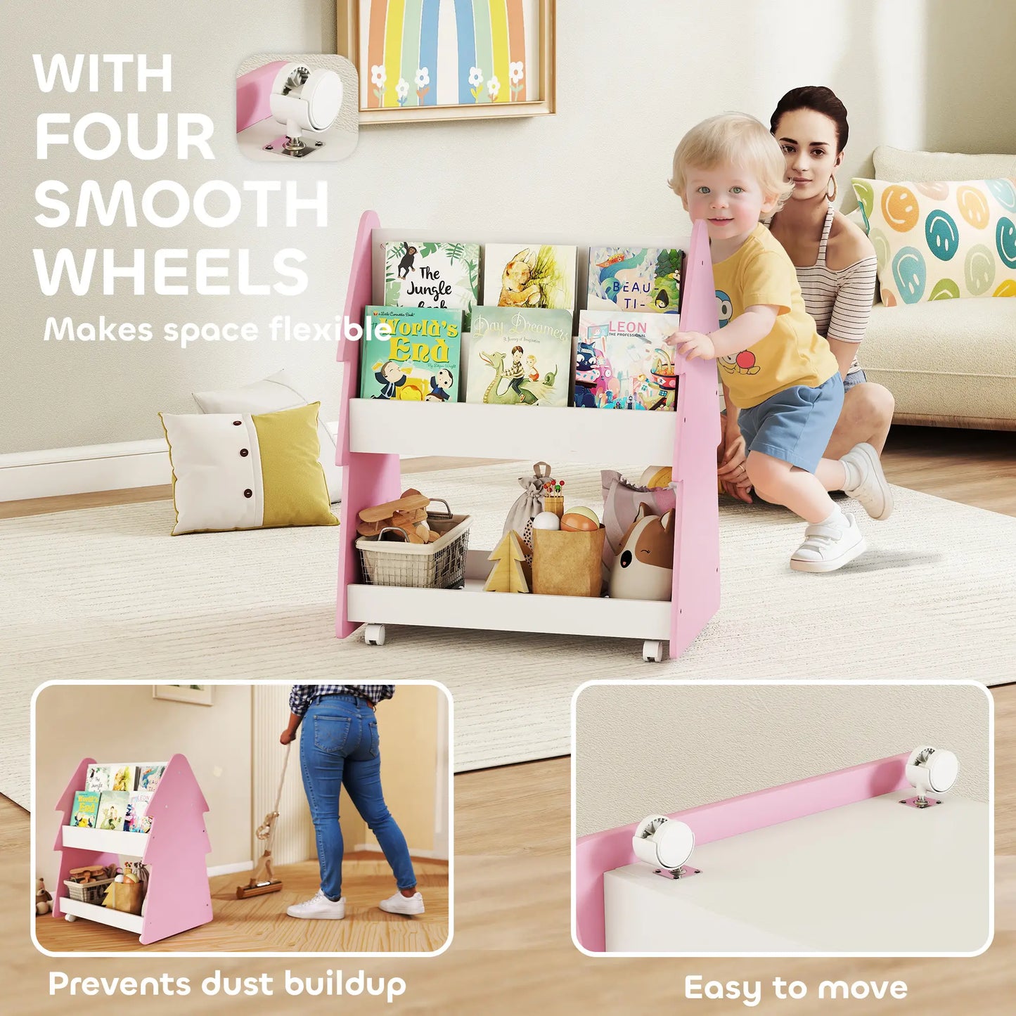 AIYAPLAY Kids Bookshelf with Toy Storage & Wheels, Double-Sided Bookcase, 3 Tier Book Rack for Bedroom, Pink