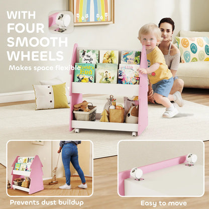 AIYAPLAY Kids Bookshelf with Toy Storage & Wheels, Double-Sided Bookcase, 3 Tier Book Rack for Bedroom, Pink