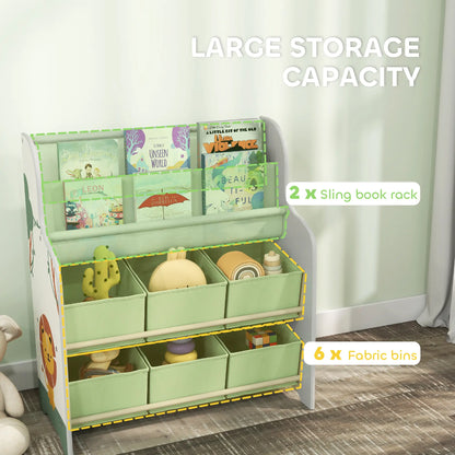 AIYAPLAY Kids Storage Unit, Toy Organiser with 6 Fabric Drawers & 2-Tier Book Rack for Bedroom, Playroom, Green