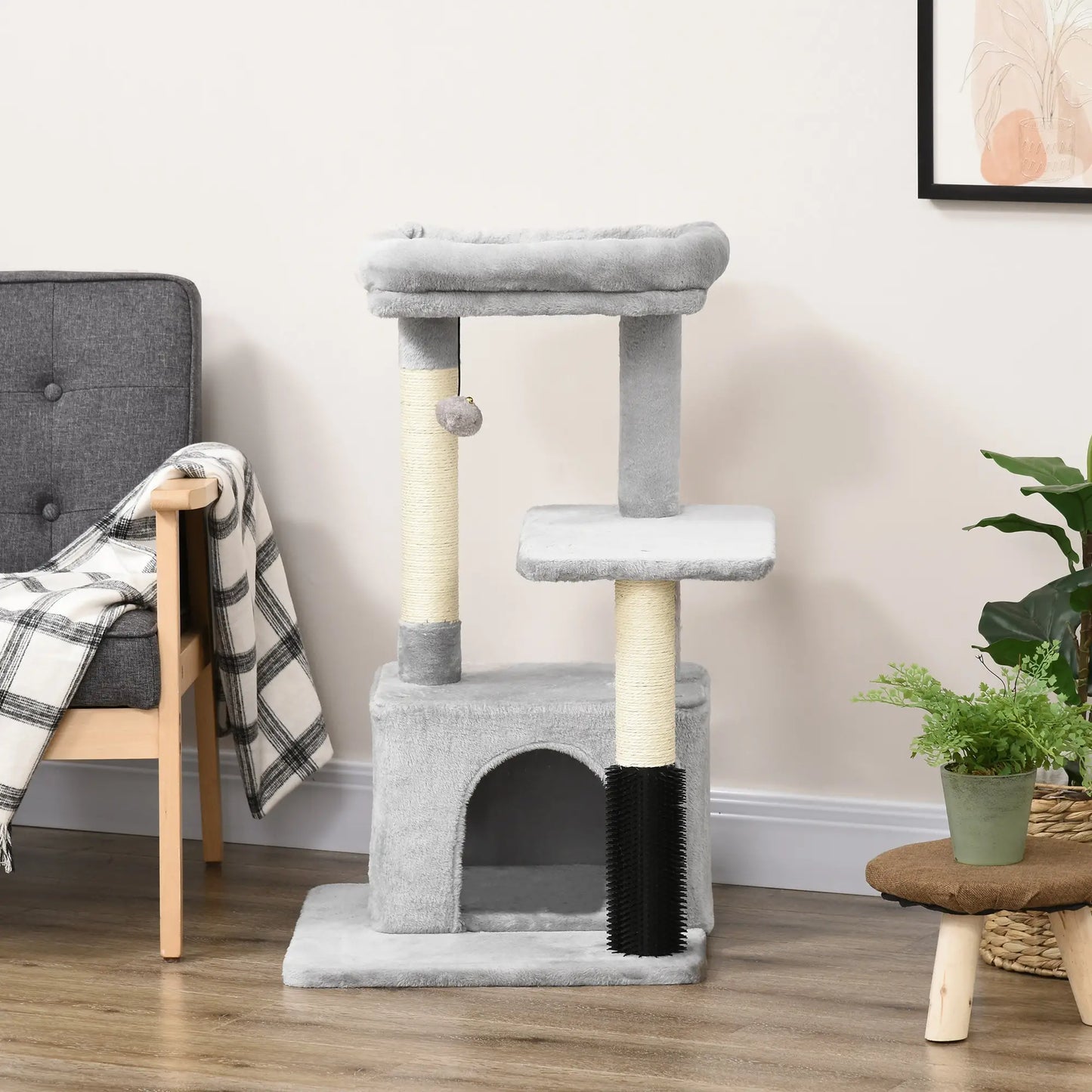 PawHut Cat Tree for Indoor Cats Climbing Tower Kitten Scratch Post Activity Center Kitten with Massage Toy Hanging Ball
