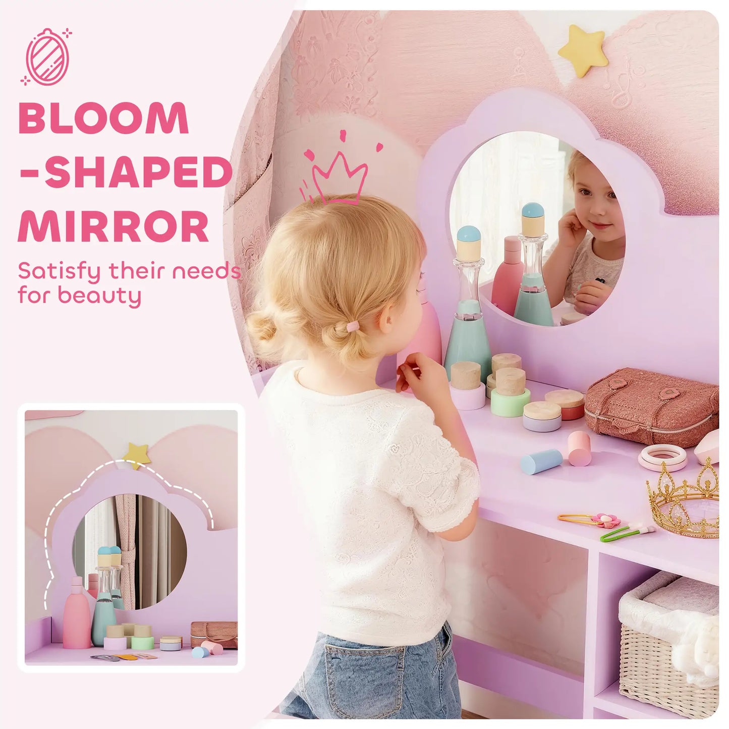AIYAPLAY Kids Dressing Table with Mirror, Stool, Kids Vanity Table with Shelves for Ages 3-8 Years, Pink