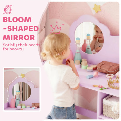 AIYAPLAY Kids Dressing Table with Mirror, Stool, Kids Vanity Table with Shelves for Ages 3-8 Years, Pink