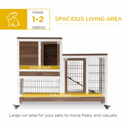 PawHut Two-Tier Rabbit Hutch Pet Cage, with Wheels, Fir Wood Structure - Brown
