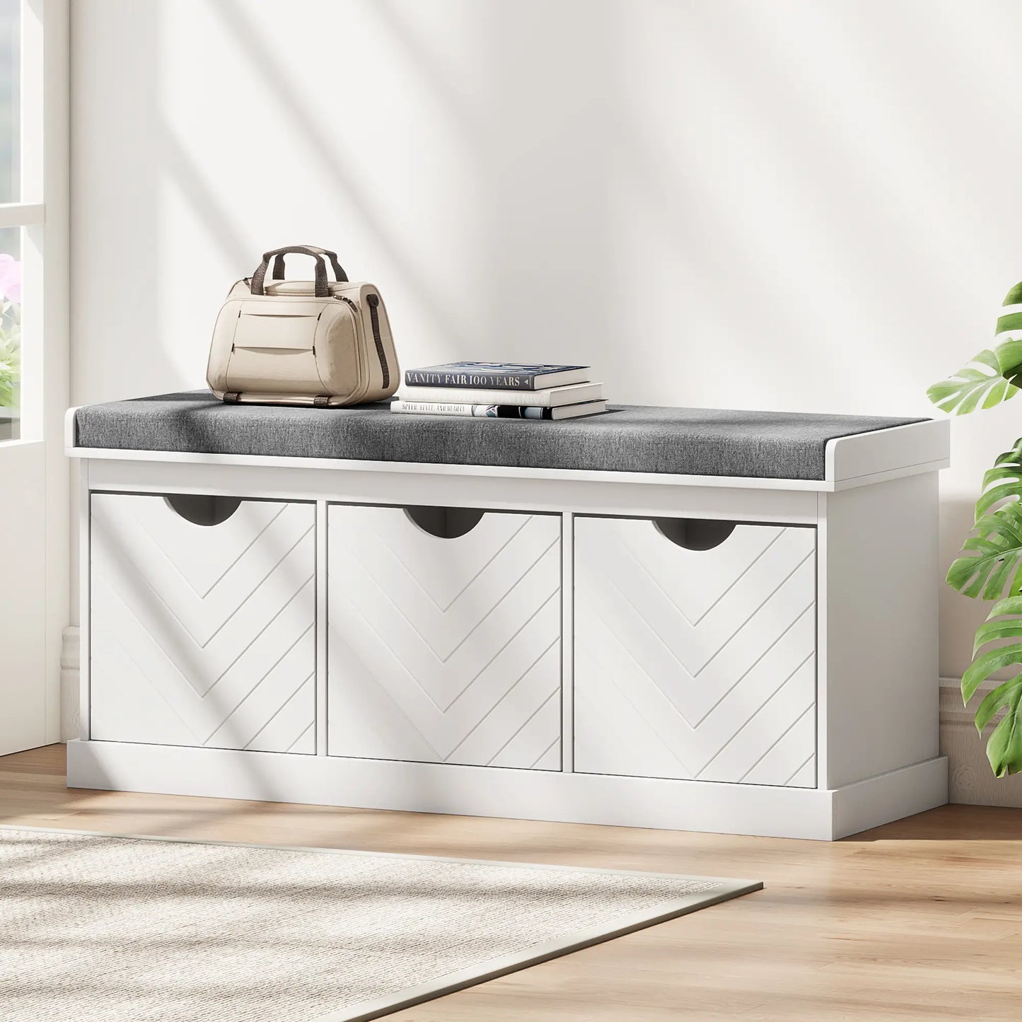HOMCOM 3-Drawer Padded Shoe Storage Bench with Breathable & Washable Linen-Look Cover, White